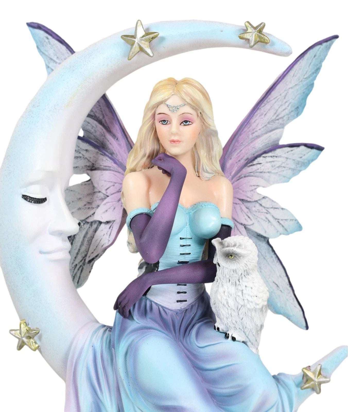 Crescent Moon And Stars Midnight Fairy Luna In Pastel Gown With Snow Owl Statue-7