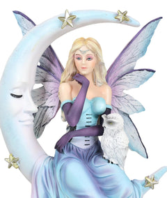 Crescent Moon And Stars Midnight Fairy Luna In Pastel Gown With Snow Owl Statue-7