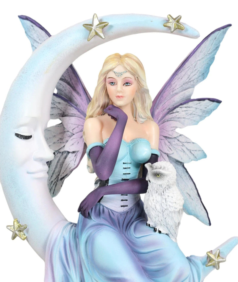 Crescent Moon And Stars Midnight Fairy Luna In Pastel Gown With Snow Owl Statue-7