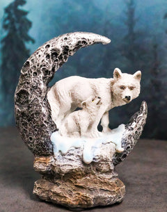 Winter Snow White Wolf With Pup Cub By Snowy Crater Crescent Moon Figurine-1