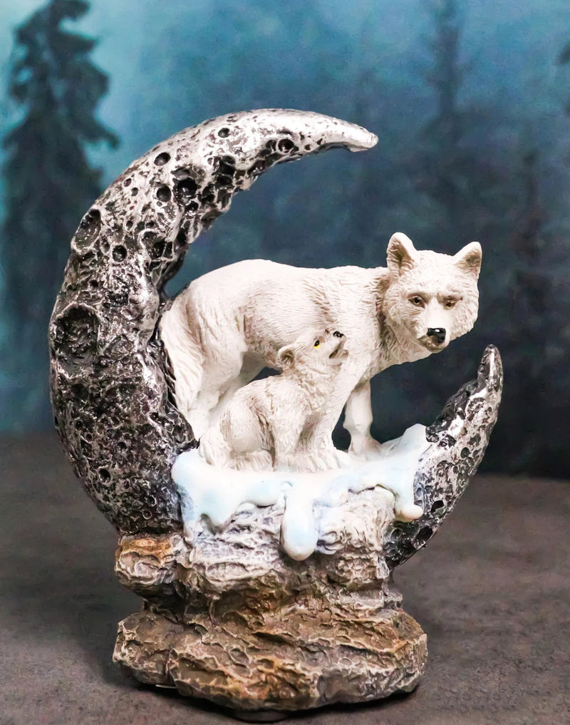Winter Snow White Wolf With Pup Cub By Snowy Crater Crescent Moon Figurine-1