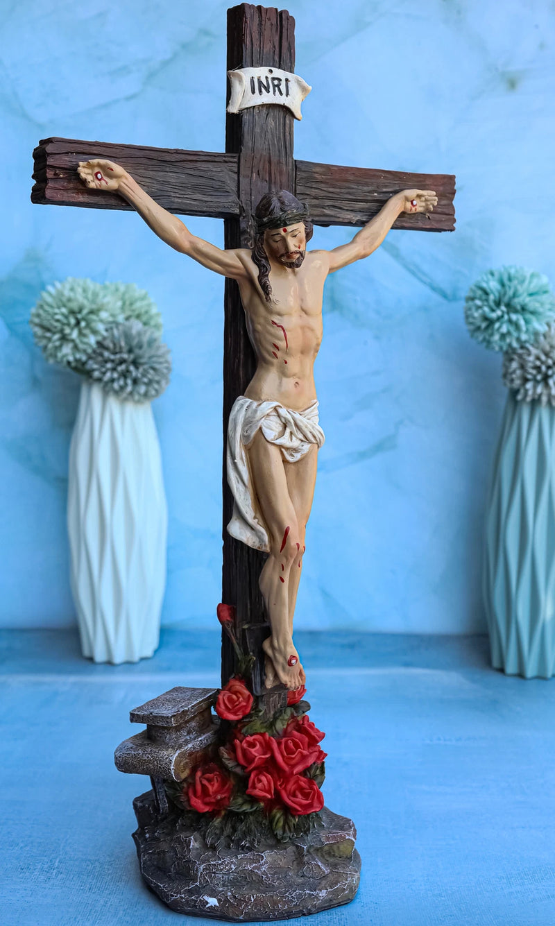 Jesus Christ On Cross W/ Rose of Sharon Base Decorative Crucifix Statue-2