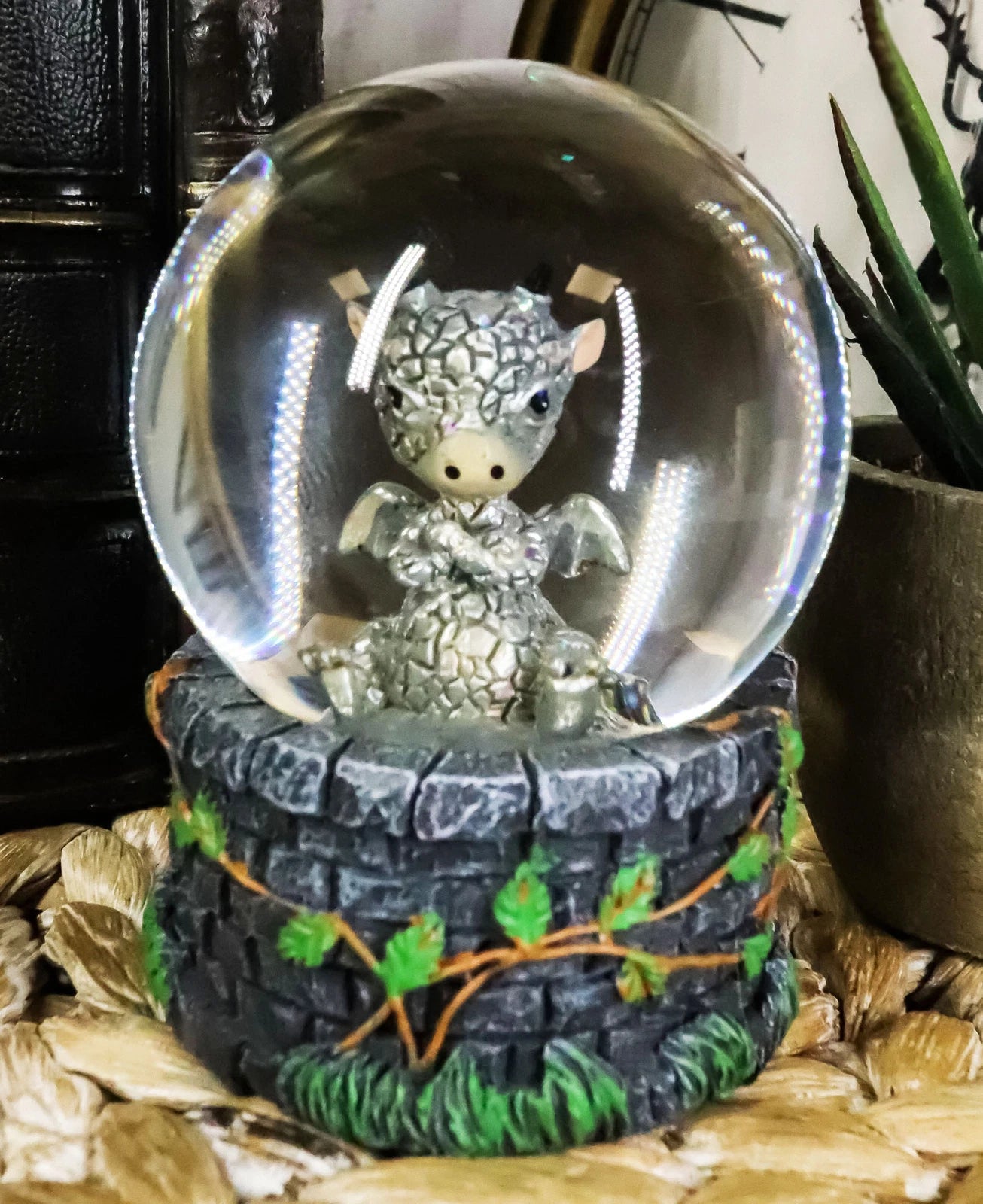 Small Collectible Whimsical Sulky Baby Dragon Water Globe Figurine With Glitters-1