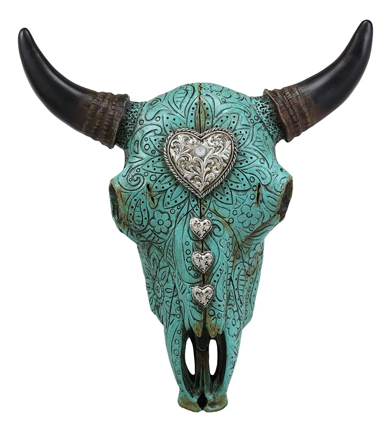 10"L Southwest Steer Bison Bull Cow Skull Turquoise With Scroll Heart Wall Decor-6