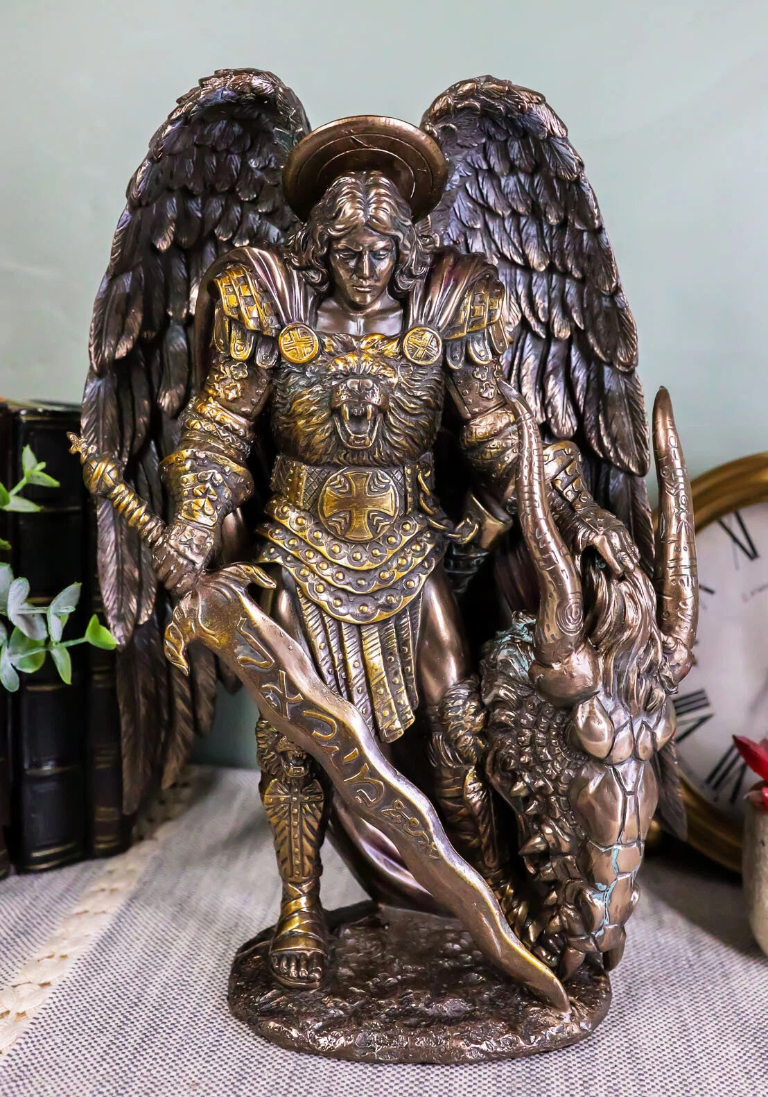Saint Archangel Warrior Michael Holding Satan Dragon Head Figurine 10.75"H