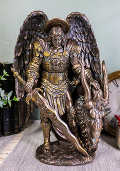 Saint Archangel Warrior Michael Holding Satan Dragon Head Figurine 10.75"H-1