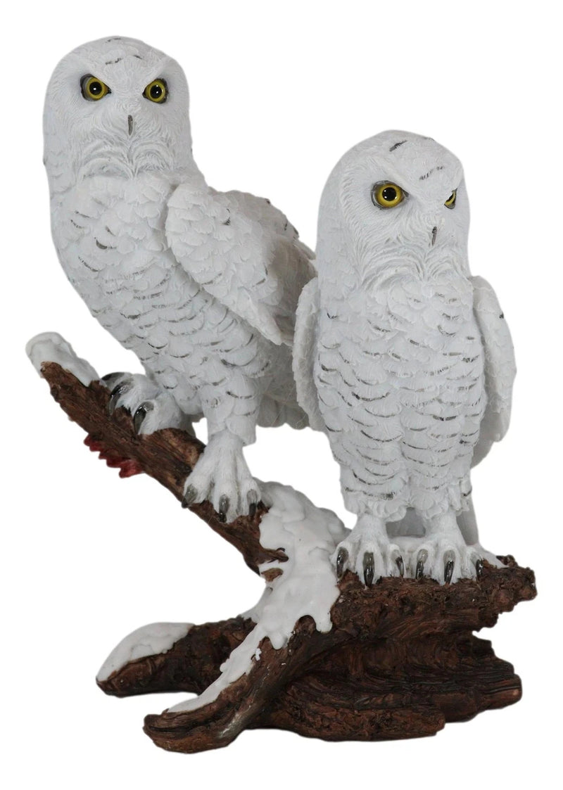 Mystical Two White Snowy Owl Couple Perching On Tree Branch Statue 12.25"Tall-10