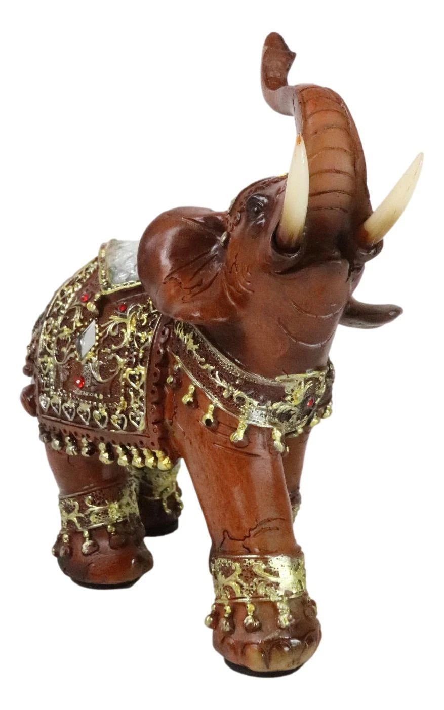 Faux Wood Trunk Up Elephant with Golden Scrollwork And Crushed Glass Figurine-9