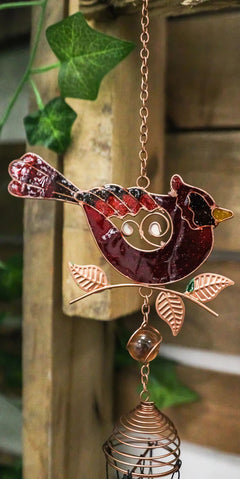 Stained Glass Red Cardinal Bird On Twig Copper Metal Wind Chime 24"Long-9