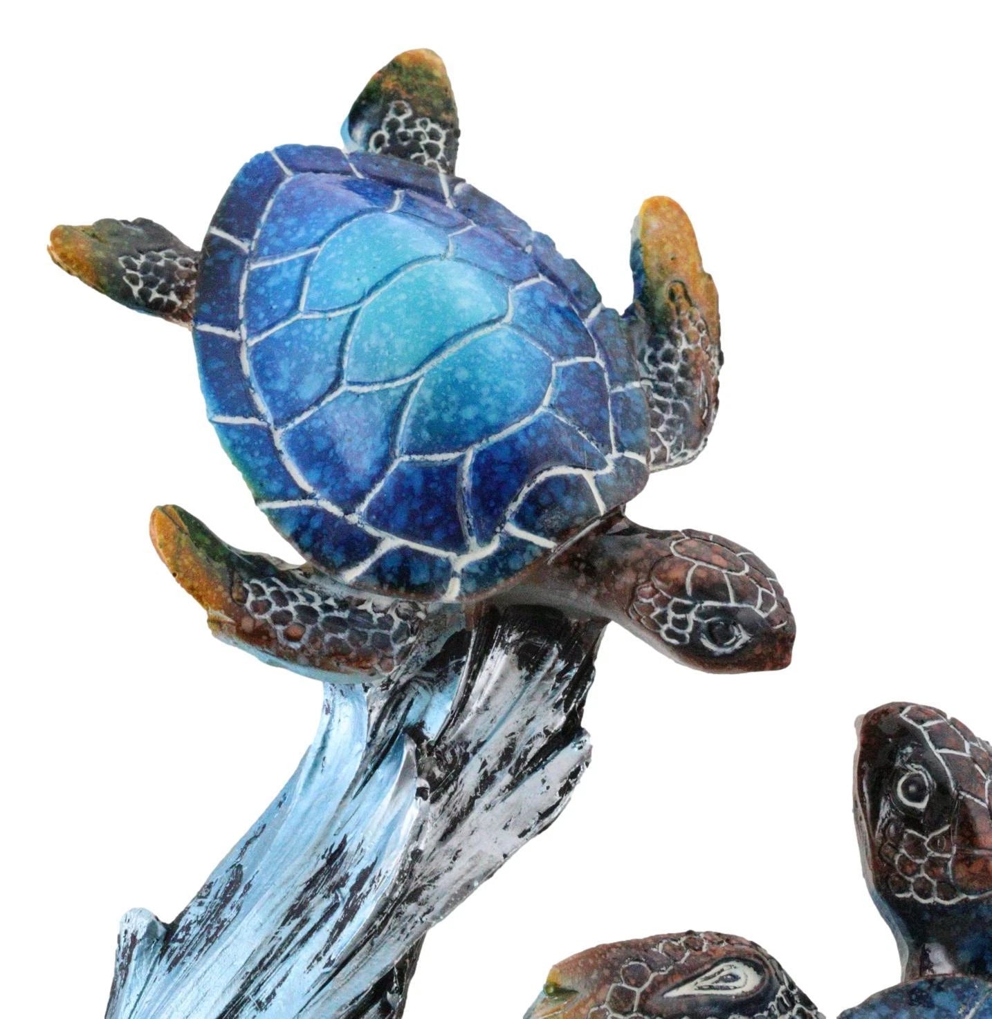 Nautical Blue Sea Turtle And Baby Swimming By Ocean Currents And Waves Figurine-8