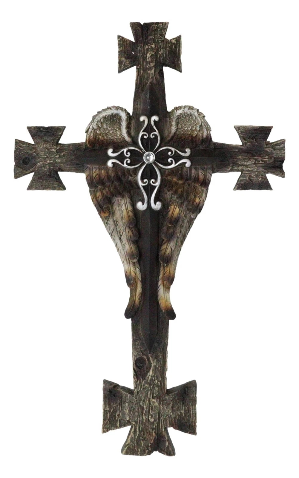 Black Biker Iron Cross With Angel Wings Layered Faux Wooden Wall Cross Plaque-8