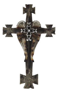 Black Biker Iron Cross With Angel Wings Layered Faux Wooden Wall Cross Plaque-8