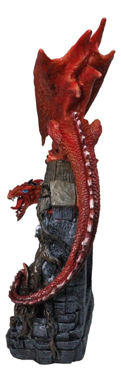 Figura de dragón rojo medieval sobre una tumba gótica con calaveras y llama de fuego LED-8