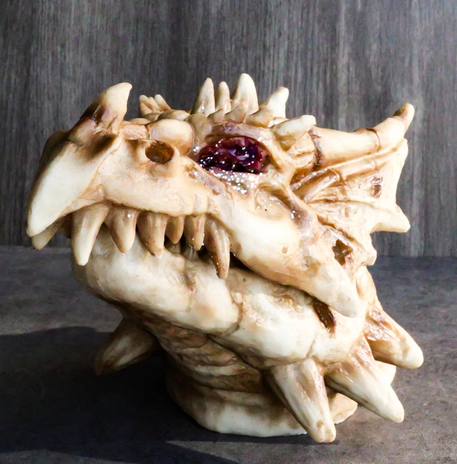 Fossil Dragon Skull Skeleton With Faux Geode Crystal Eyes Incense Burner Box-1