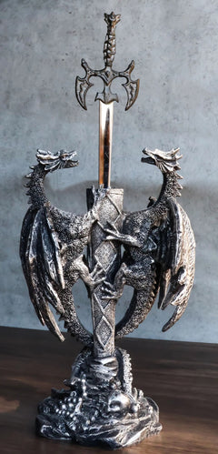 Figura abrecartas de fantasía gótica con dragón doble trepador y espada Excalibur-1