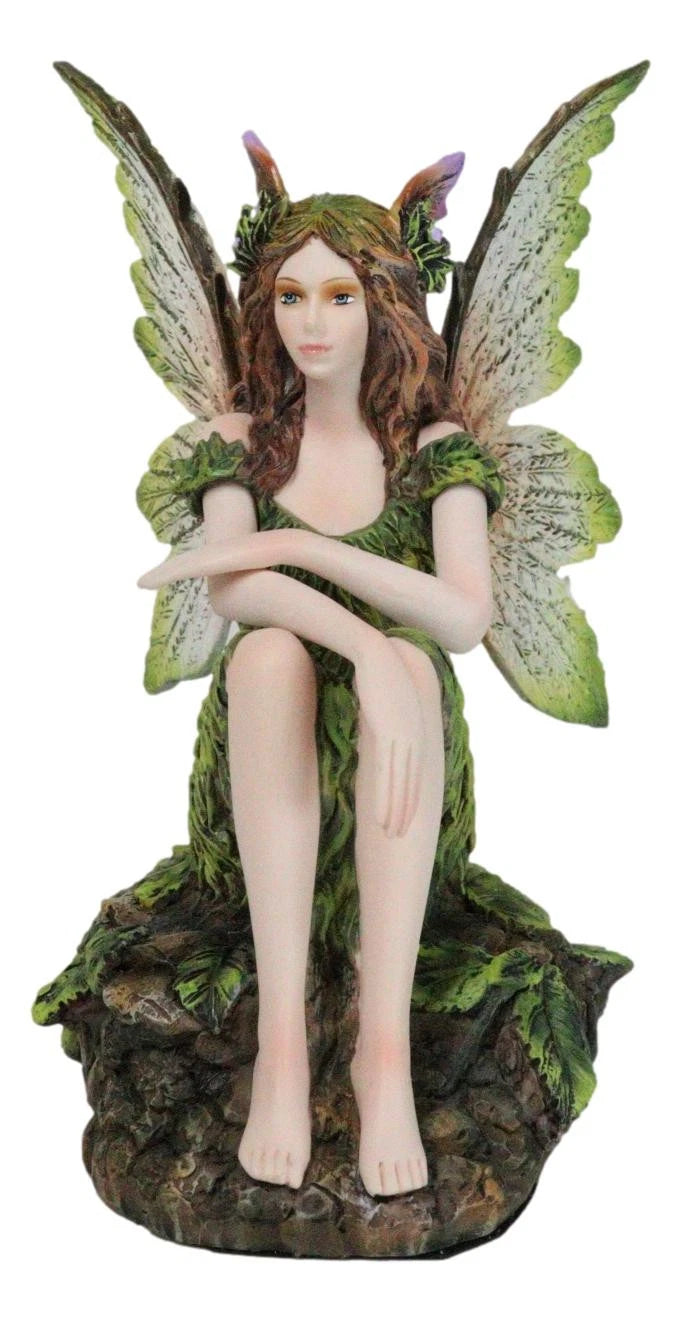 Sitting Pretty Tribal Elf Pixie Earth Fairy in Green Foliage Dress Figurine-7