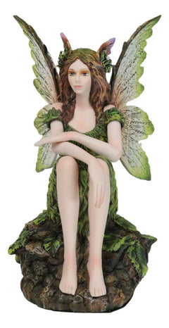 Sitting Pretty Tribal Elf Pixie Earth Fairy in Green Foliage Dress Figurine-7