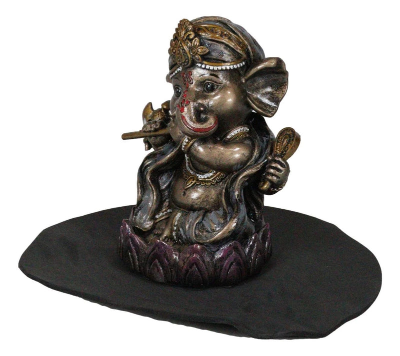 Hindu God Ganapati Baby Ganesha Playing Flute On Lotus Backflow Incense Burner-9