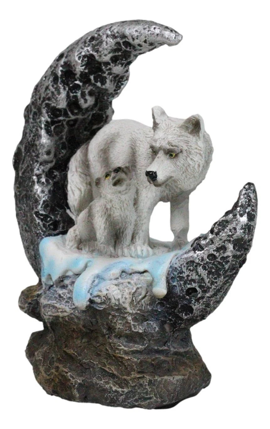 Winter Snow White Wolf With Pup Cub By Snowy Crater Crescent Moon Figurine-8