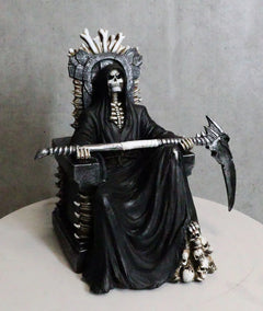 Grim Reaper Figurine, Death Skeleton Throne Statue 10.5" Tall Gothic Home Decor, Sitting Reaper Collectible, Halloween Accent, Desk or Shelf Ornament, Dark Fantasy Sculpture-6