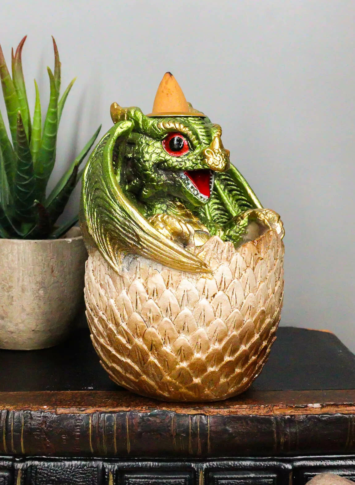 Green Wyrmling Baby Dragon On Golden Egg Backflow Incense Cone Burner Figurine-6