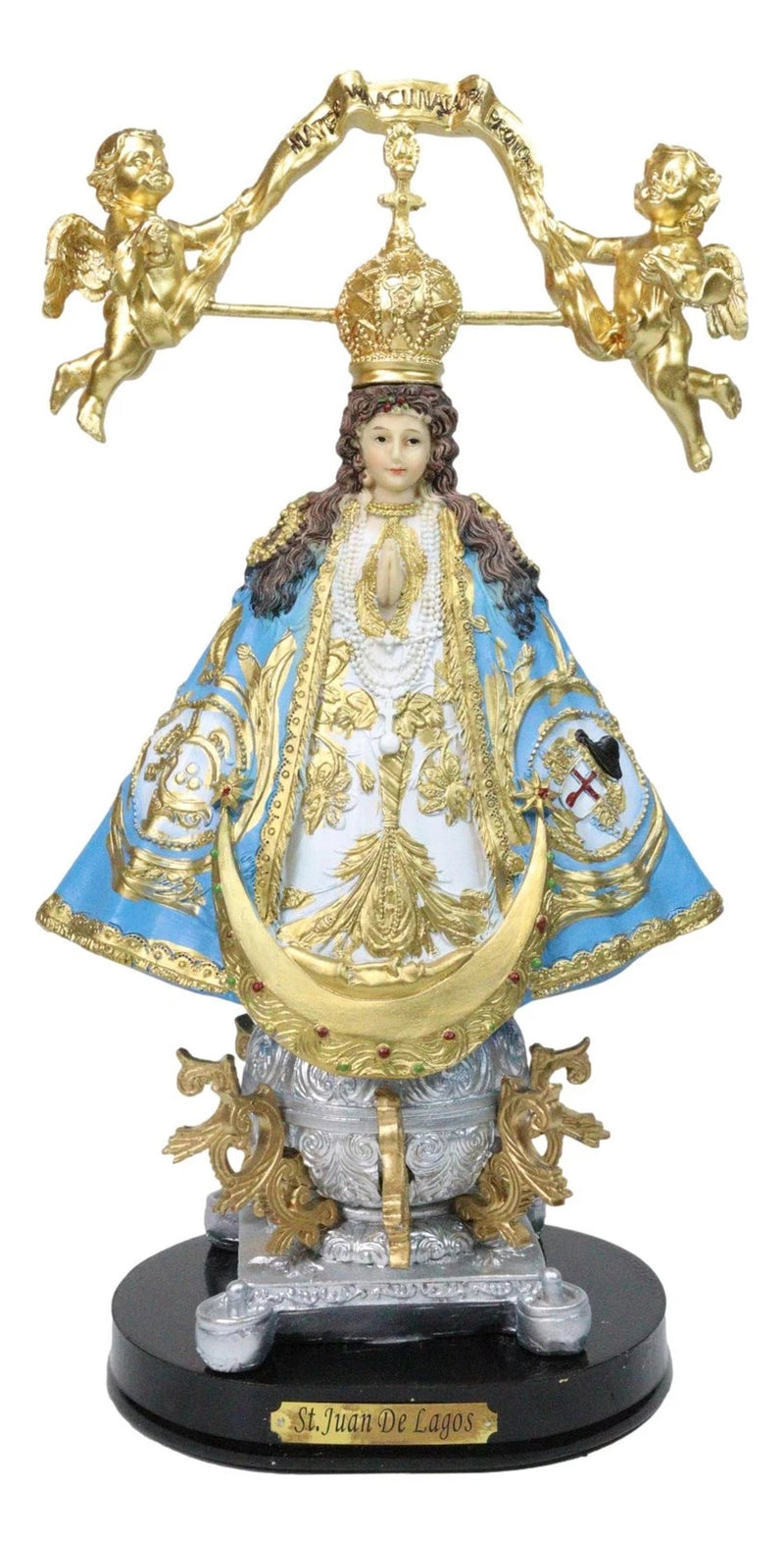 Figura de Nuestra Señora de San Juan de los Lagos con Corona Dorada y Ángeles, 12" de alto-9