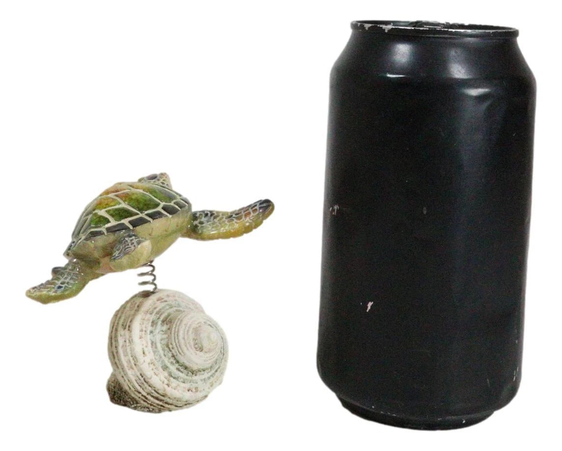 Marine Green Sea Turtle Swimming Over Partridge Tun Shell Spring Bobble Figurine-8