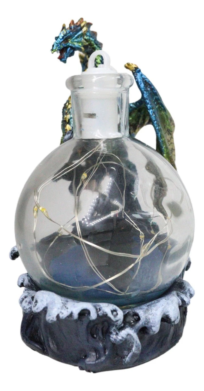 Metallic Frozen Sea Dragon Rising Above Waves by Glass Bottle With Ship Figurine-8