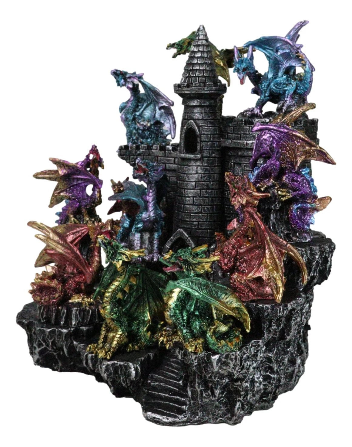 Juego de 12 mini dragones medievales coloridos en la montaña del castillo de Stonewall.-8