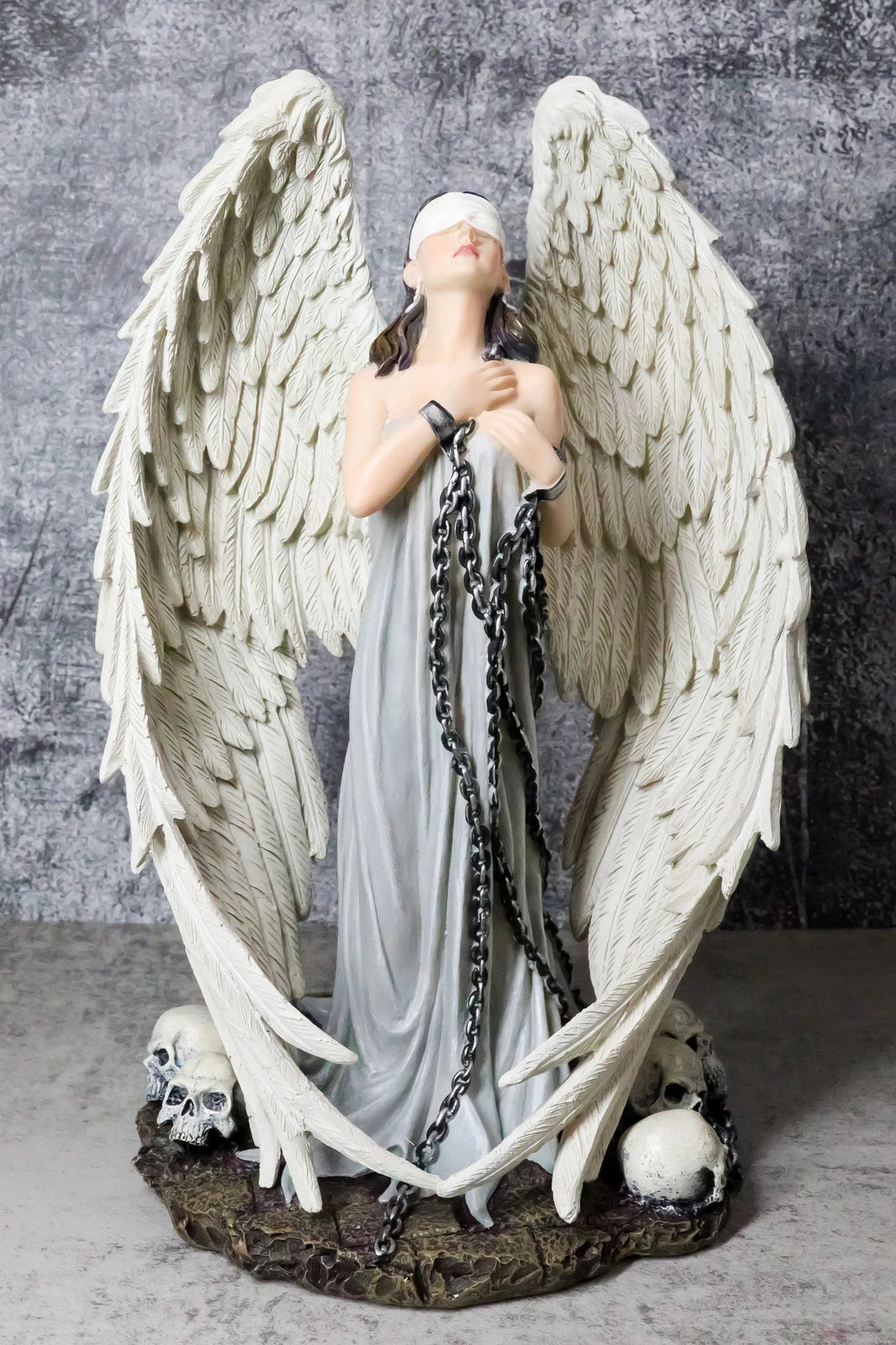 Captive Spirits Blindfolded Standing Angel Tied In Chains By Skulls Figurine-1