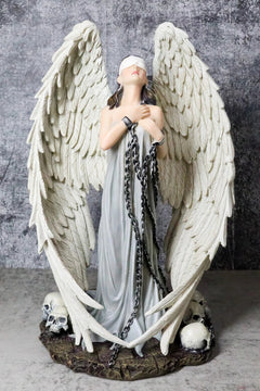 Captive Spirits Blindfolded Standing Angel Tied In Chains By Skulls Figurine-1