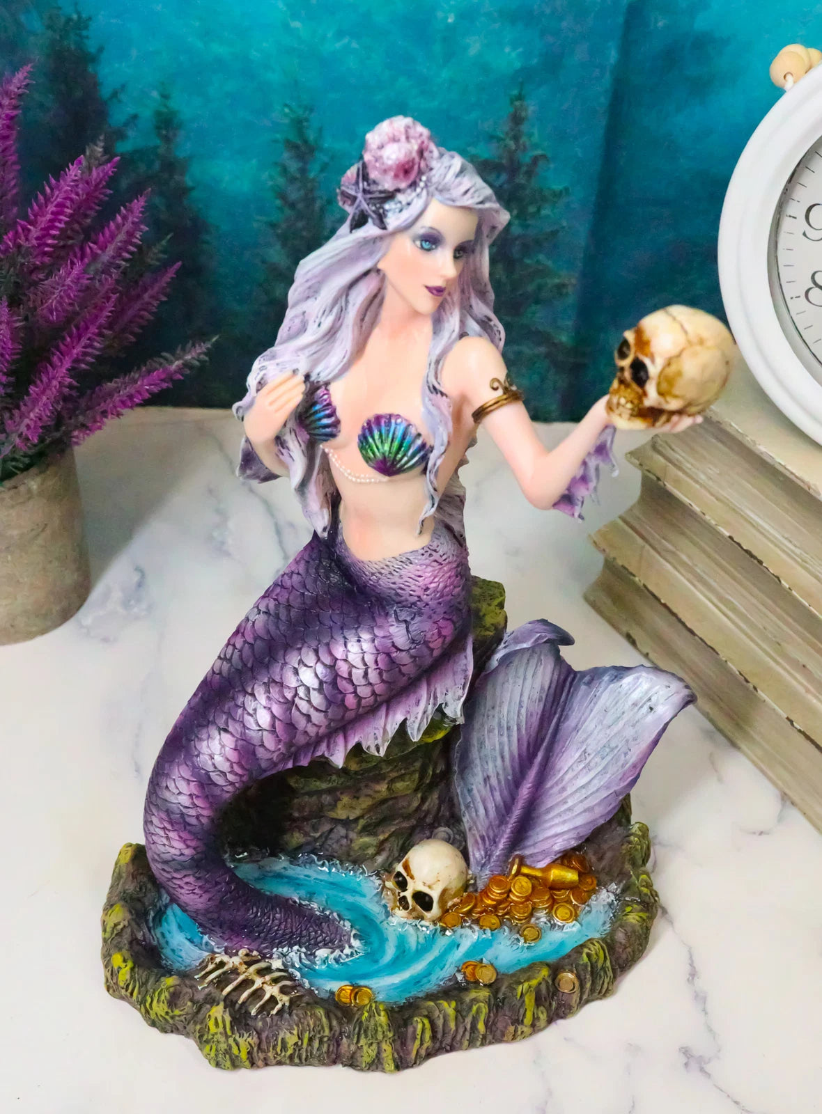 Large Sirens of The Seas Necromancer Gothic Mermaid Holding A Skull Figurine-8
