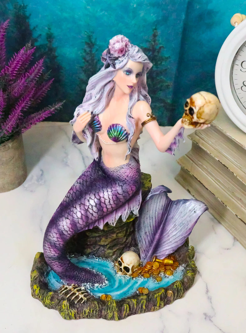 Large Sirens of The Seas Necromancer Gothic Mermaid Holding A Skull Figurine-8