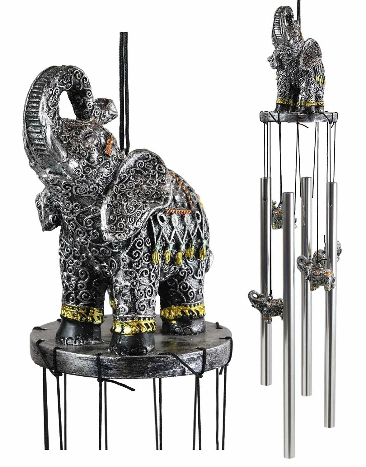 Feng Shui Thai Buddha Elephant In Filigree Art Figurine Crown Garden Wind Chime-9