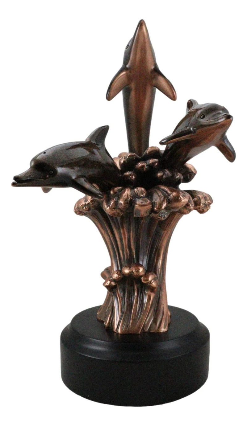 Bronze Electroplated Three Bottlenose Dolphins Riding Over Ocean Waves Statue-7
