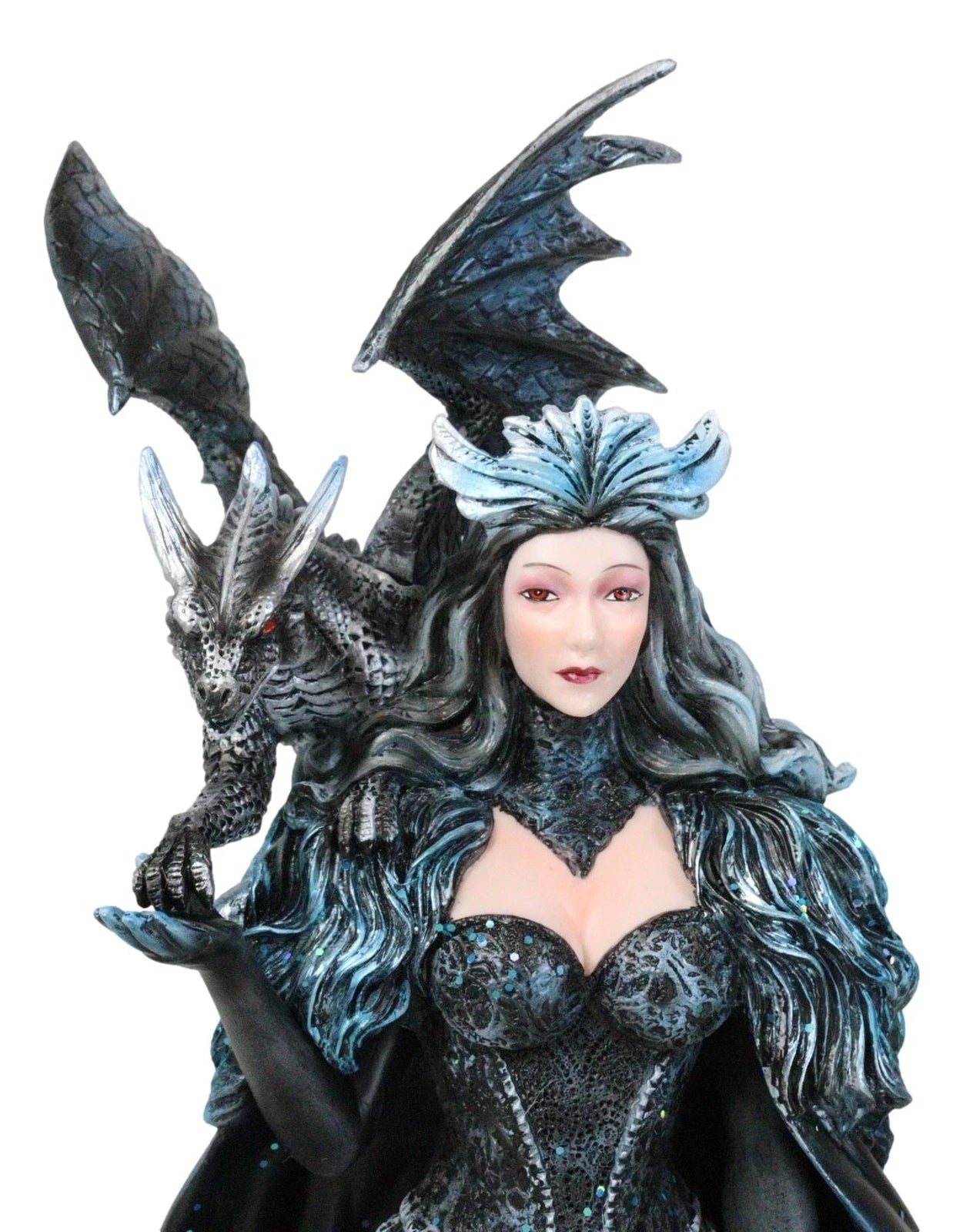 Large Gothic Necromancy Black Dragon Witch Dark Queen In Long Gown Statue-9