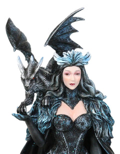 Large Gothic Necromancy Black Dragon Witch Dark Queen In Long Gown Statue-9