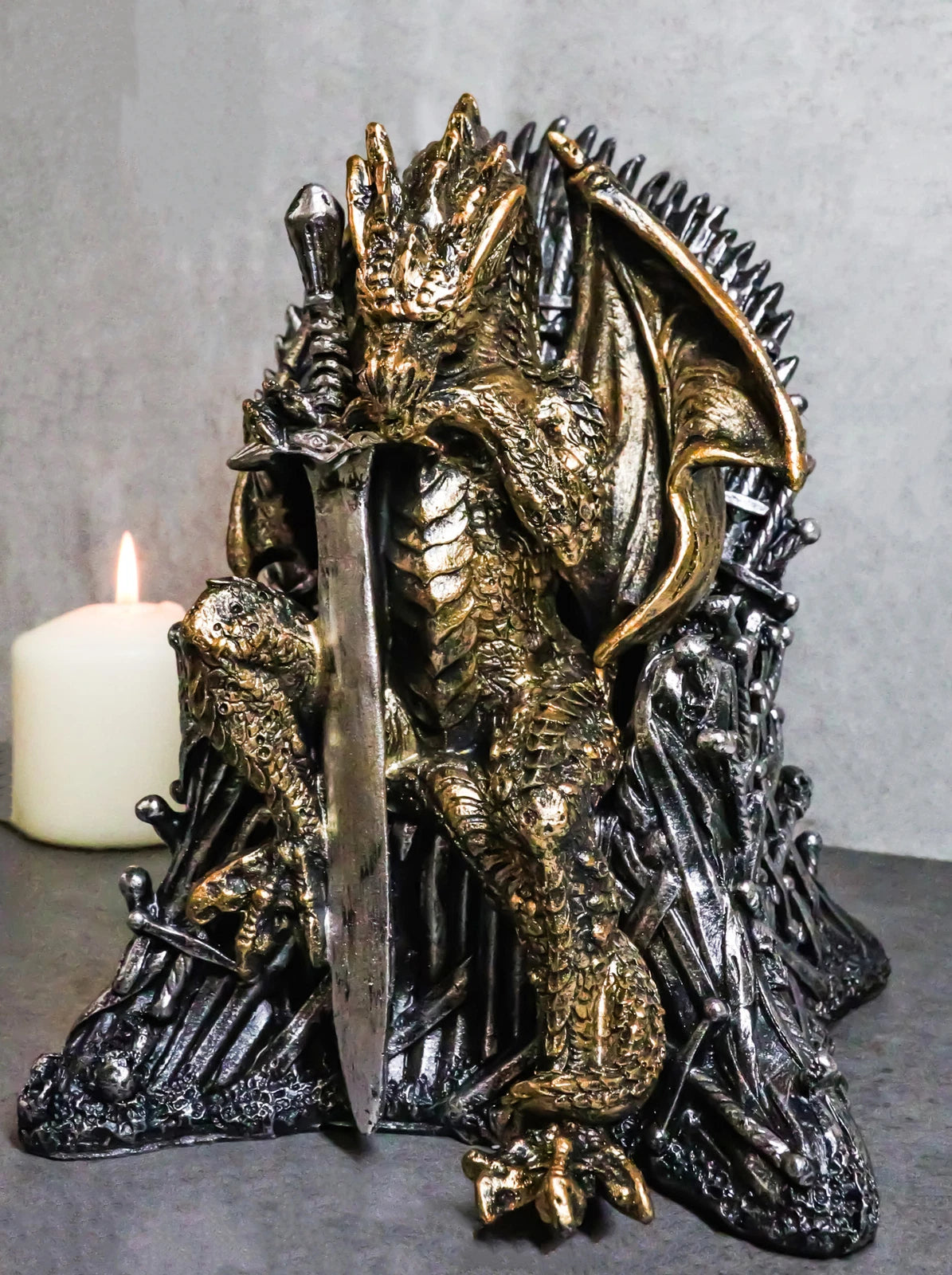 Bronzite Dragon Sitting On Iron Throne Of Swords With Valyrian Blade Figurine-9