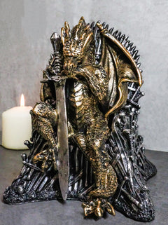 Bronzite Dragon Sitting On Iron Throne Of Swords With Valyrian Blade Figurine-9