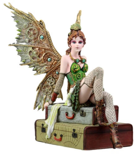 Steampunk Aviator Fairy Sitting On Suitcases Figurine 9"H Victorian Traveler-7