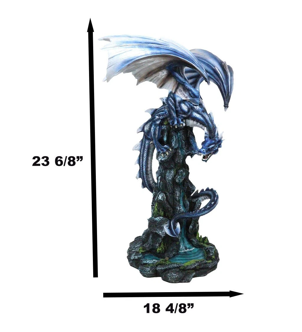 Large Blue Zirconia Rogue Storm Dragon Hovering Over Cliff Rock Waterfall Statue-7