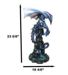 Large Blue Zirconia Rogue Storm Dragon Hovering Over Cliff Rock Waterfall Statue-7