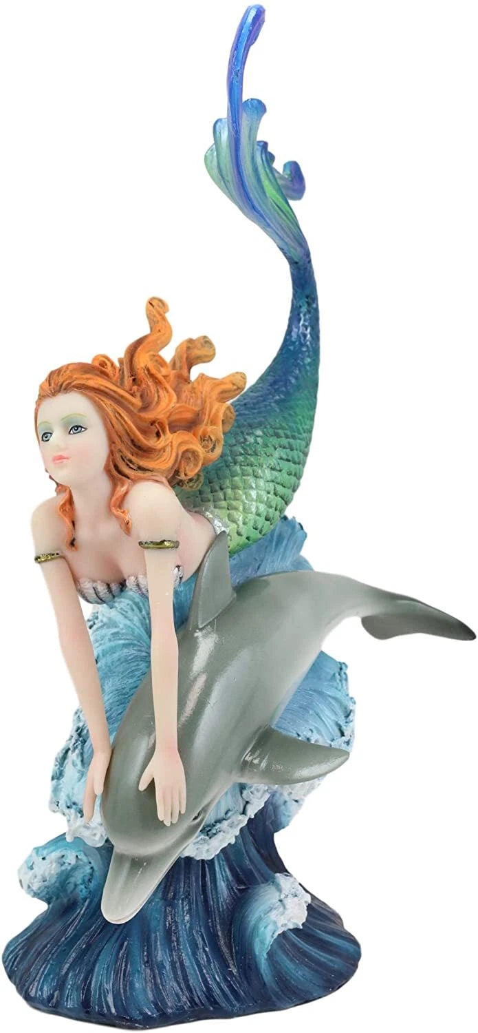 Sea Nautical Red Haired Mermaid Riding Dolphin Over The Ocean Waves Statue Decor-4