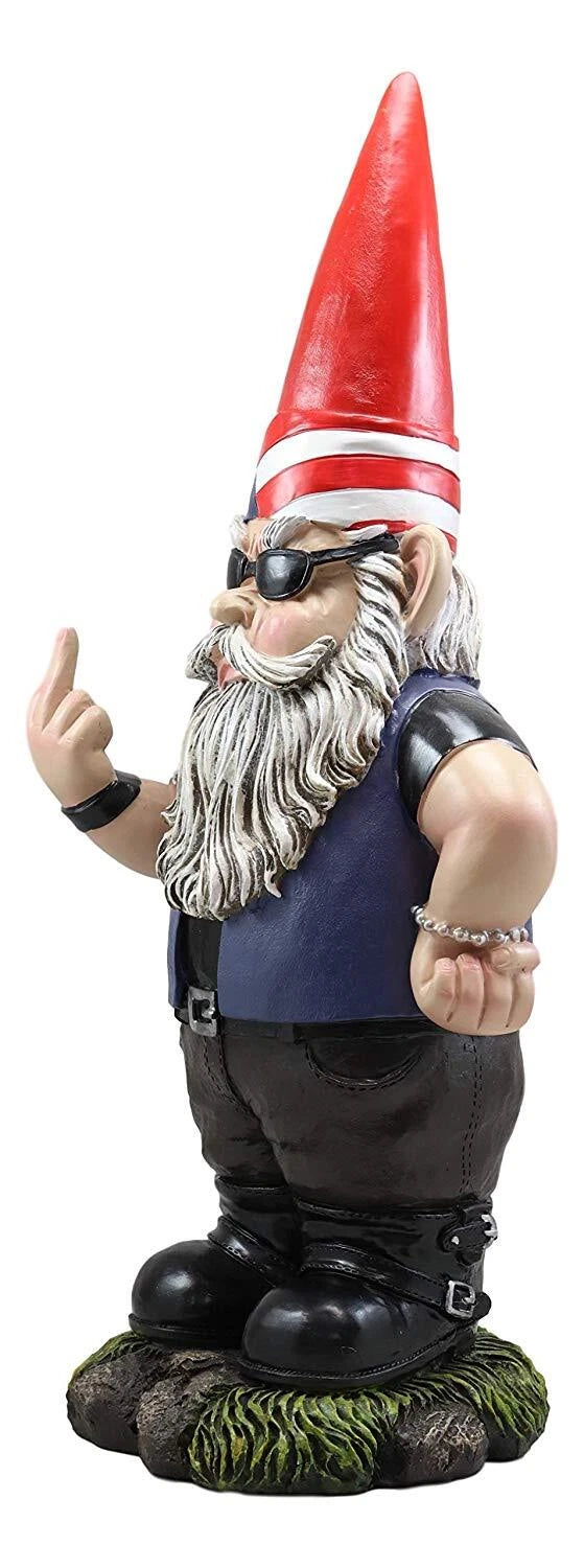 Flip The Bird American Biker Bully Gnome Not Welcome Statue Garden Patio Pool-10