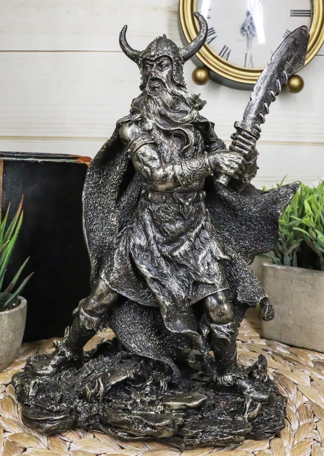 Viking Berserker Warrior With Bull Horn Helmet Wielding Sword Statue 10"H-7