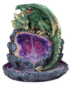 Wyrmling Dragon On Crystal Geode Rock Backflow Incense Burner Statue With LED-9