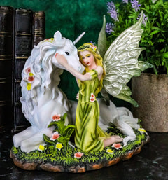 Green Earth Gaia Fairy With Rare Floral White Unicorn Statue Decor Figurine 7"L-9