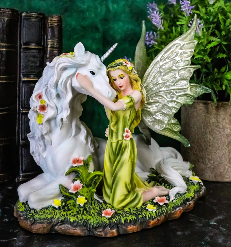 Green Earth Gaia Fairy With Rare Floral White Unicorn Statue Decor Figurine 7"L-9