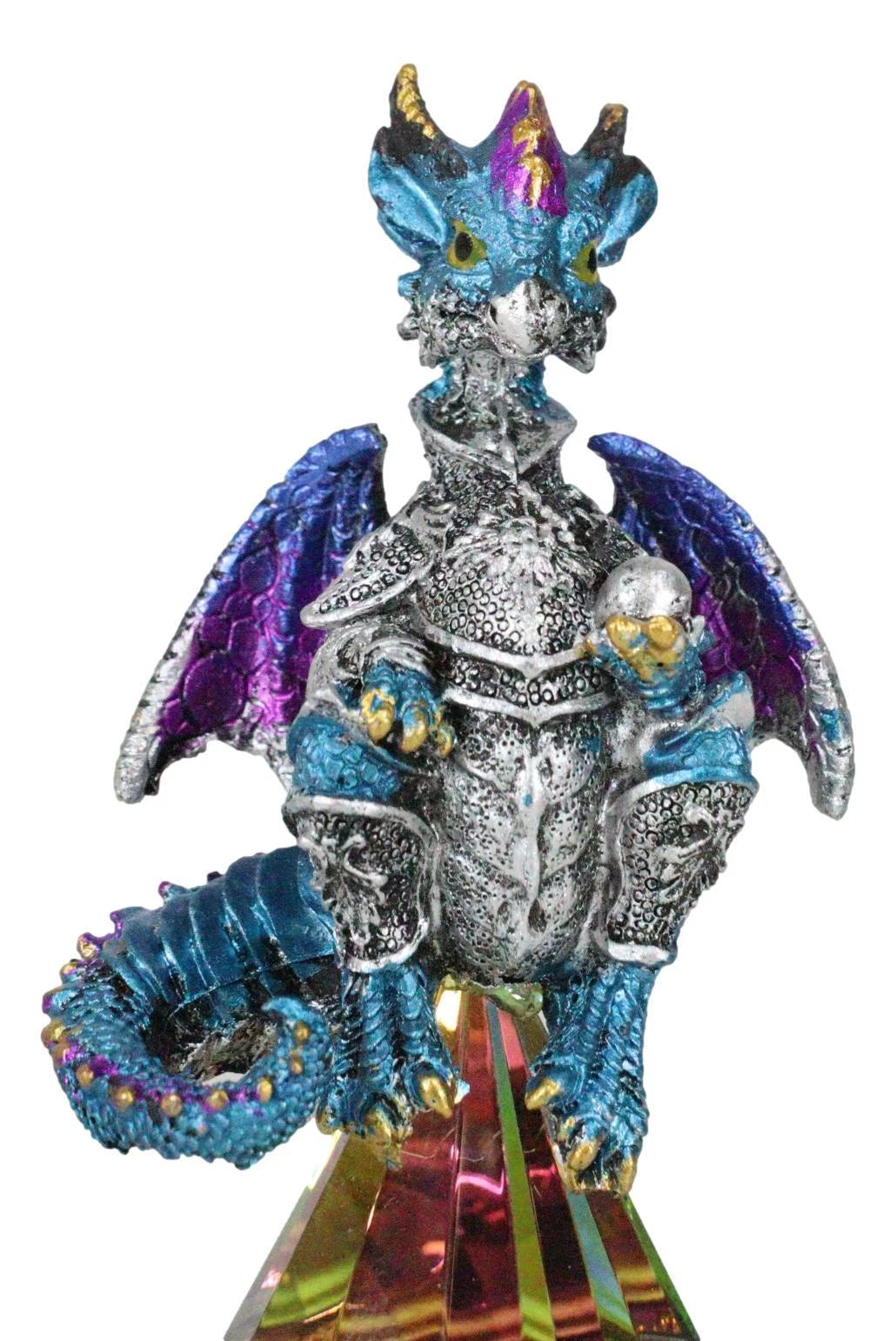 Blue Iridescent Armored Rainbow Wyrmling Dragon With Faux Crystal Prism Figurine-5