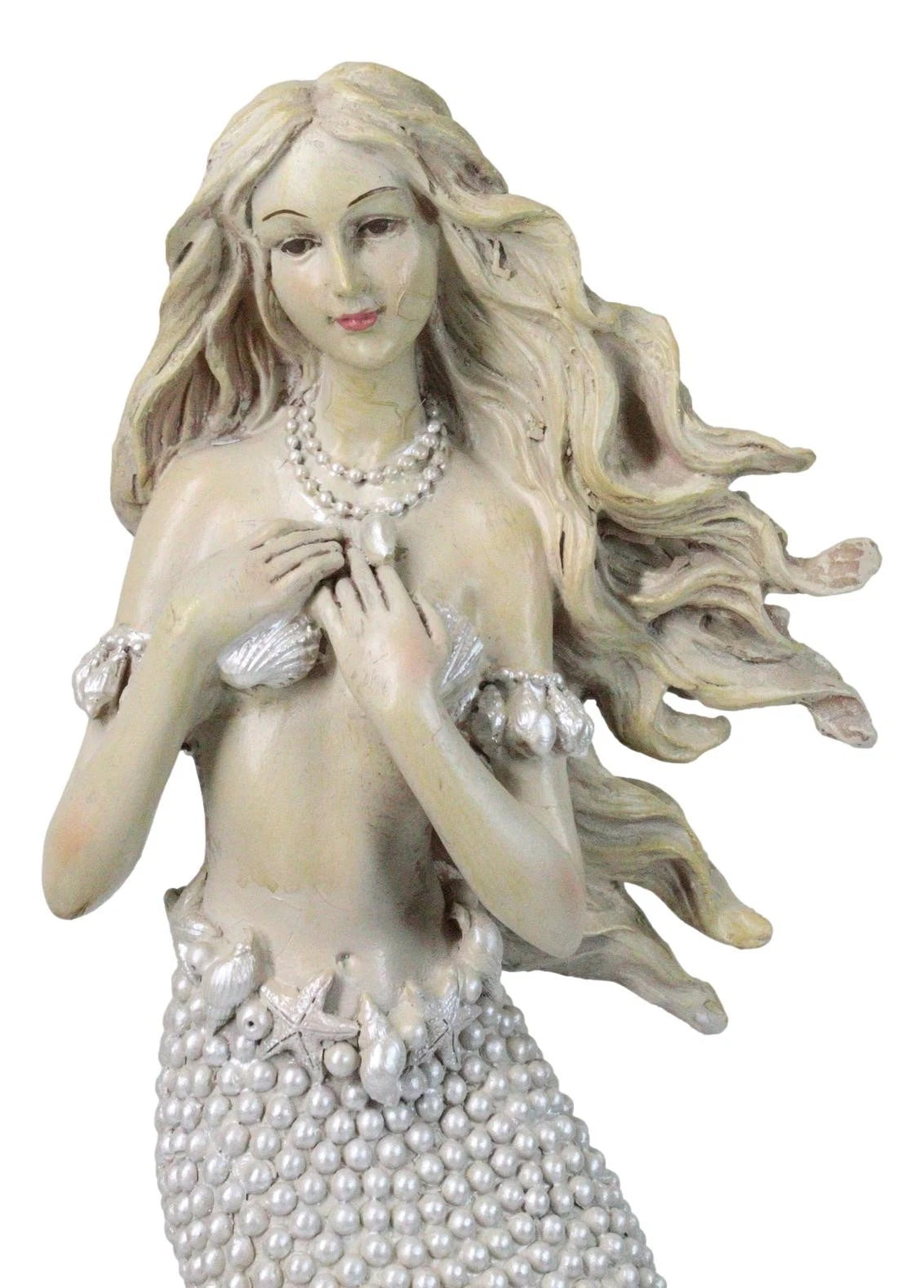 Marine Vintaged Pearly White Ariel Mermaid Sitting On Sea Rock Figurine 16" H-6